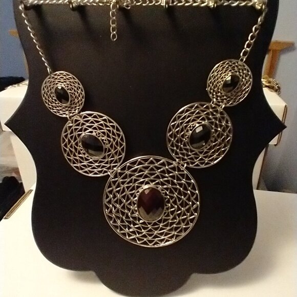 Club Monaco Silver Statement Necklace with Black Stones - Picture 1 of 3